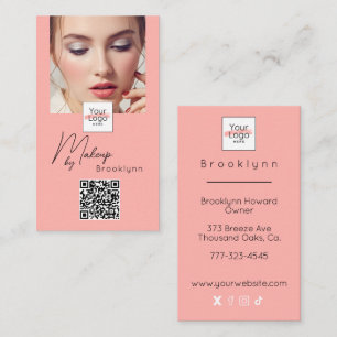 Blush Pink Script Logo QR Code Photo Makeup Business Card