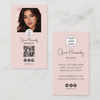 Blush Pink Script Logo QR Code Photo Makeup Business Card