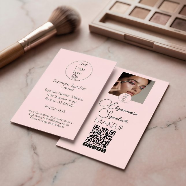 Blush Pink Script Logo QR Code Photo Makeup Business Card (Creator Uploaded)