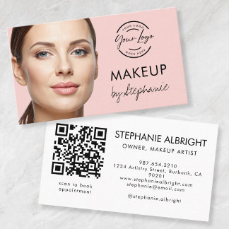 Blush Pink Script Logo QR Code Photo Makeup Business Card