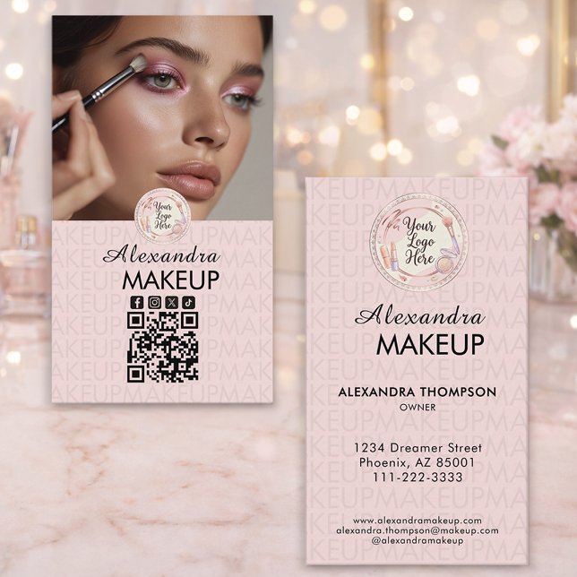 Blush Pink Script Logo QR Code Photo Makeup Business Card (Creator Uploaded)