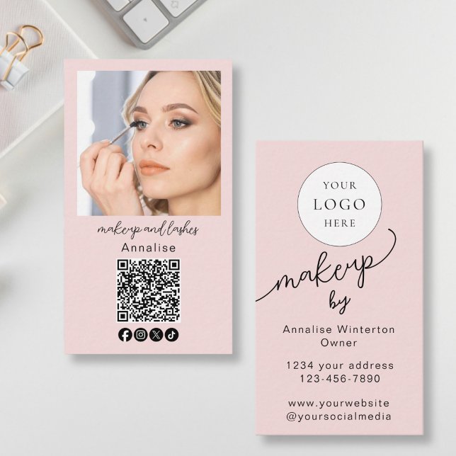 Blush Pink Script Logo QR Code Photo Makeup Business Card (Creator Uploaded)