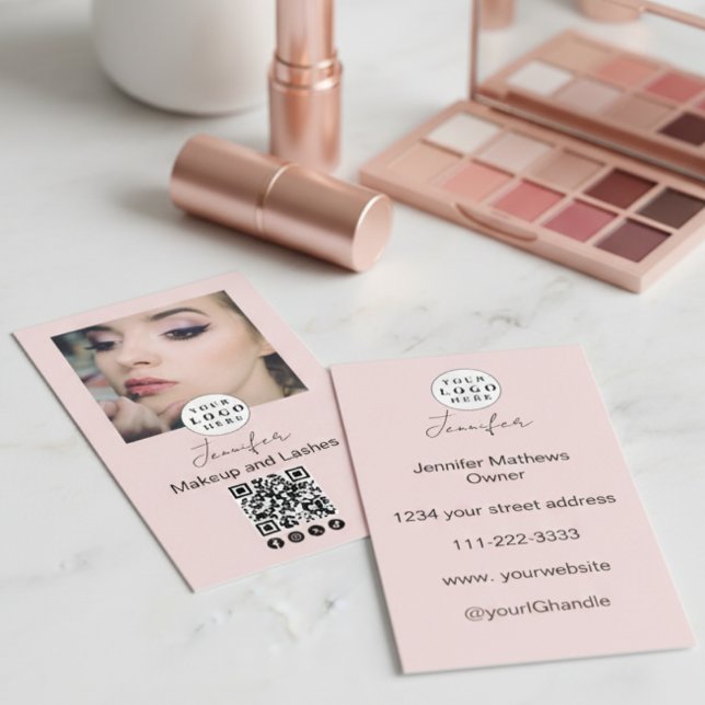 Blush Pink Script Logo QR Code Photo Makeup Business Card (Creator Uploaded)