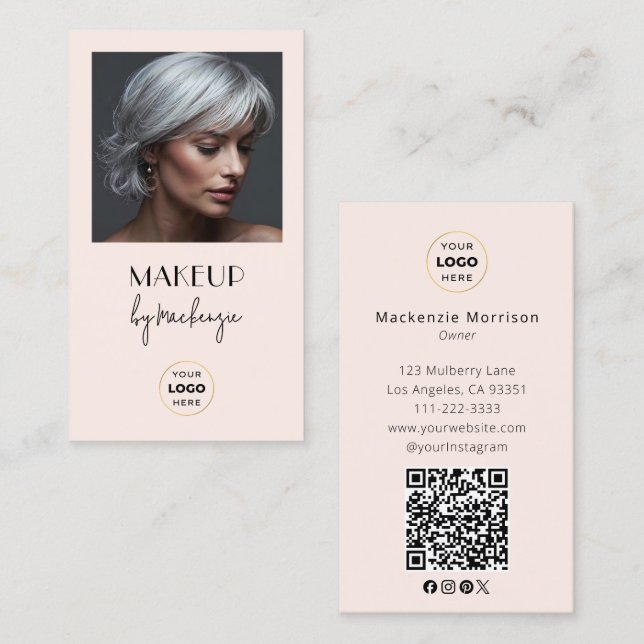 Blush Pink Script Logo QR Code Photo Makeup Business Card (Front/Back)