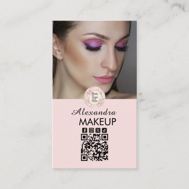 Blush Pink Script Logo QR Code Photo Makeup Business Card (Front)