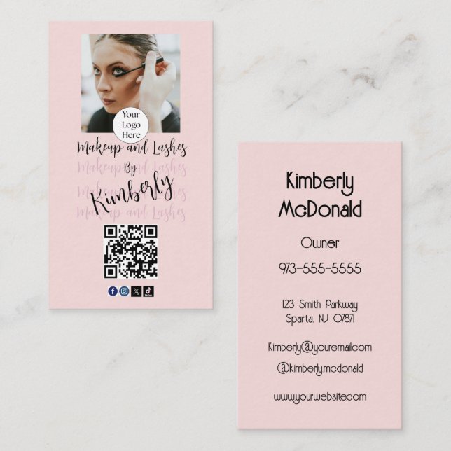 Blush Pink Script Logo QR Code Photo Makeup/Lashes Business Card (Front/Back)