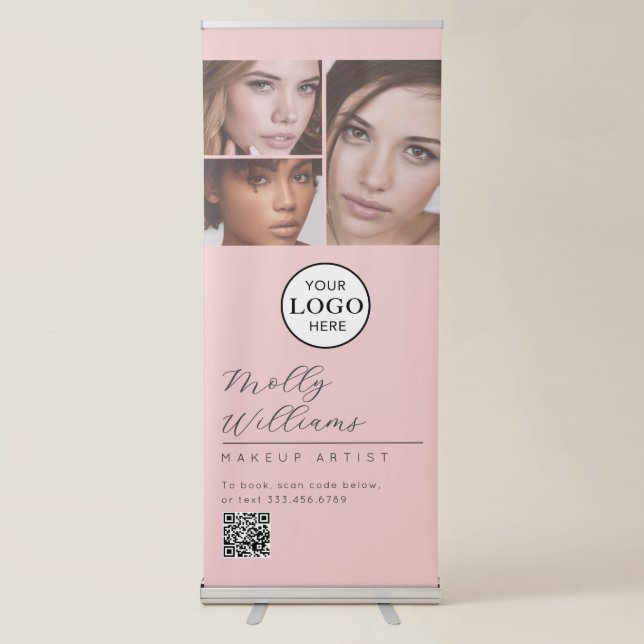 Blush Pink Script Logo QR Code Photo Makeup Retrac Retractable Banner (Front)