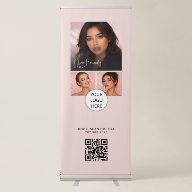 Blush Pink Script Logo QR Code Photo Makeup Retractable Banner (Front)