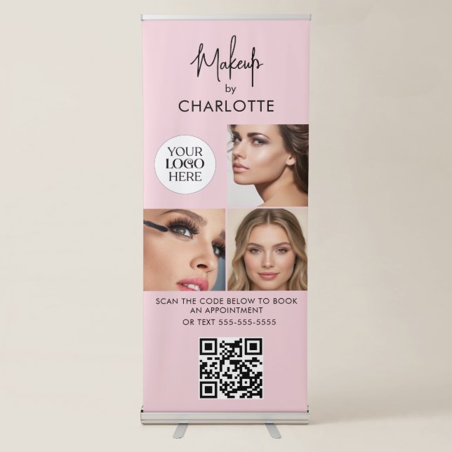Blush Pink Script Logo QR Code Photo Makeup Retractable Banner (Front)