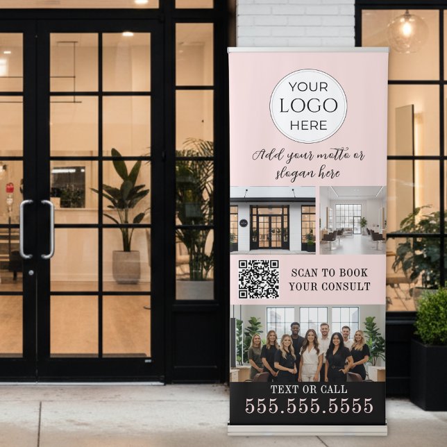 Blush Pink Script Logo QR Code Photo Makeup Retractable Banner (elegant blush pink and black makeup studio salon promotional advertising sign marketing with logo qr)