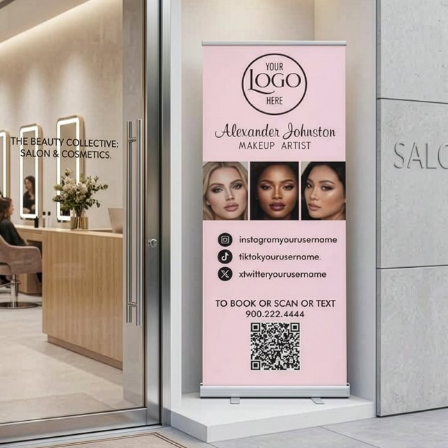 Blush Pink Script Logo QR Code Photo Makeup Retractable Banner (Blush Pink Black Script Logo Social Media and QR Code Retractable Banner)