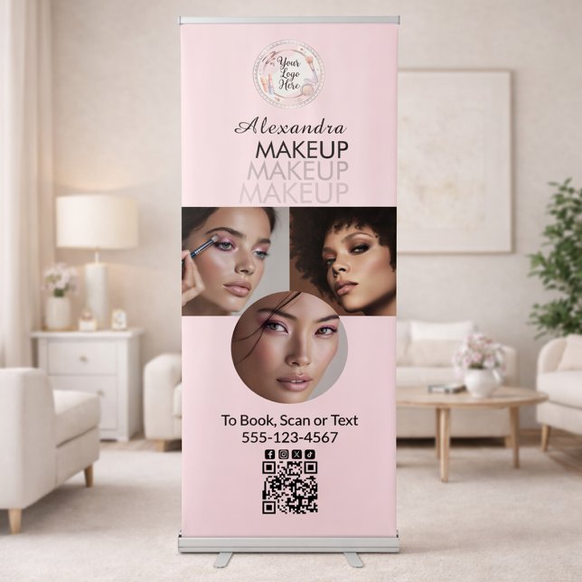 Blush Pink Script Logo QR Code Photo Makeup Retractable Banner (Creator Uploaded)