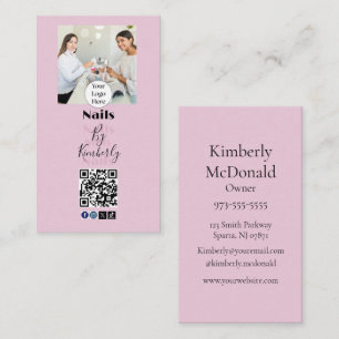 Blush Pink Script Logo QR Code Photo Nail Salon Business Card