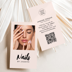 Blush Pink Script Logo QR Code Photo Nail Salon Business Card