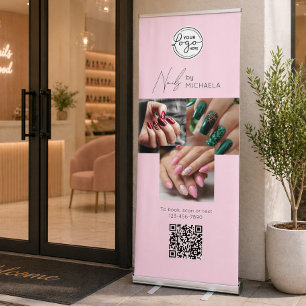 Blush Pink Script Logo QR Code Photo Nail Studio Retractable Banner