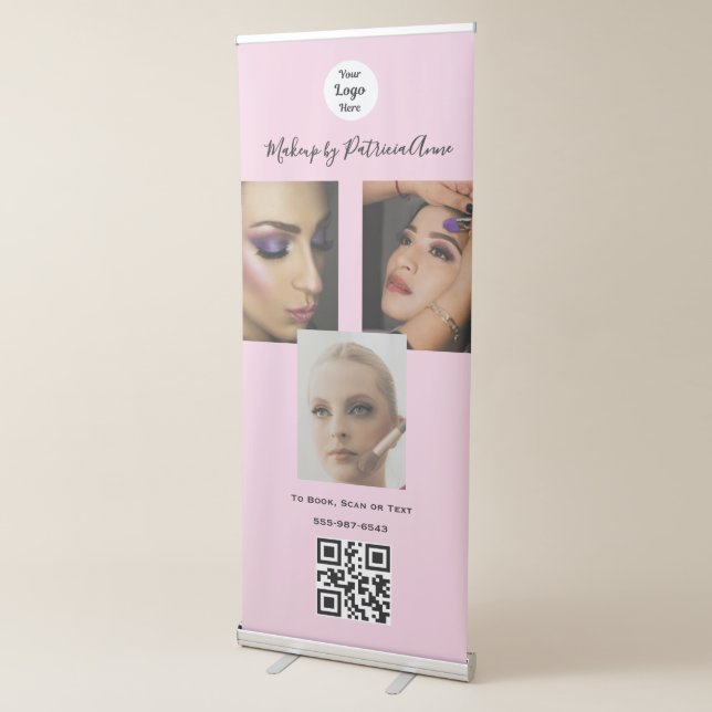 Blush Pink Script Logo QR Photo Makeup Studio  Retractable Banner (3/4)