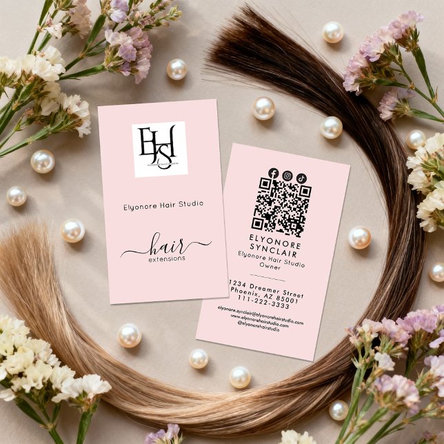 Blush Pink Script Logo QR Social Hair Extension Business Card (Creator Uploaded)