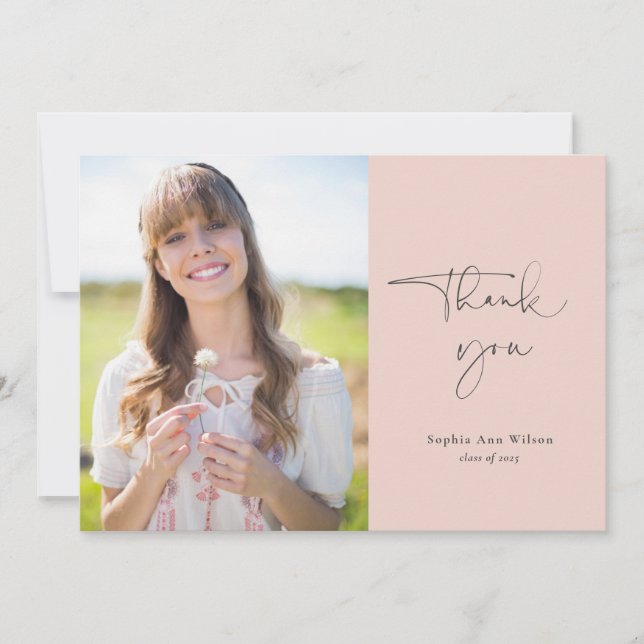 Blush Pink Script Photo Graduation Thank You Card (Front)