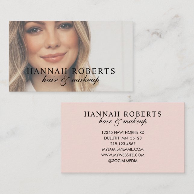 Blush Pink Script Photo Hair Makeup Business Card (Front/Back)