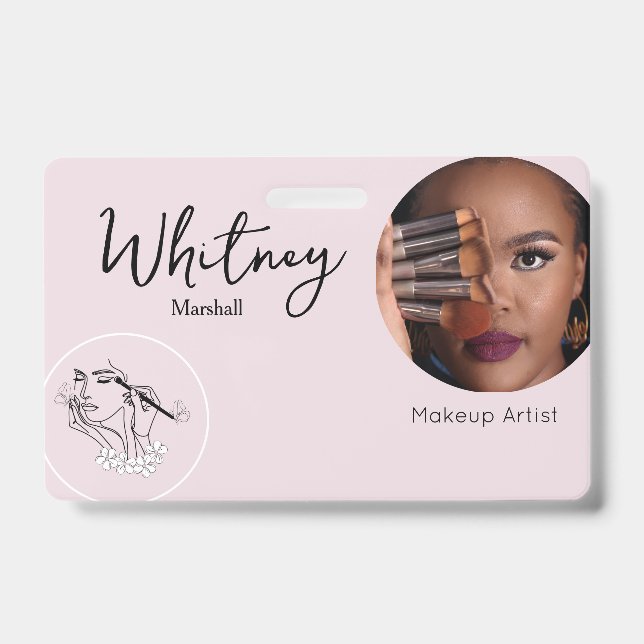 Blush Pink Script Photo Logo Makeup Artist Name  ID Badge (Front)