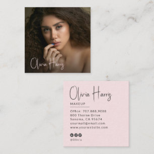  Blush Pink Script Photo Makeup Artist Square Business Card