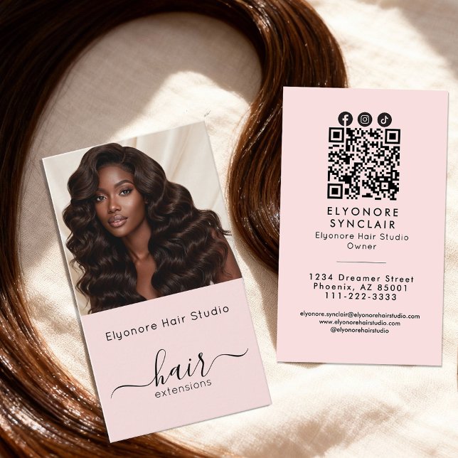 Blush Pink Script Photo QR Social Hair Extension Business Card (Creator Uploaded)