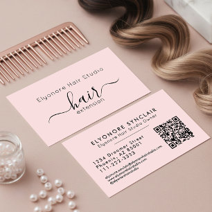 Blush Pink Script QR Code Hair Extension Business Card