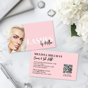 Blush Pink Script QR Code Photo Lashes Business Card