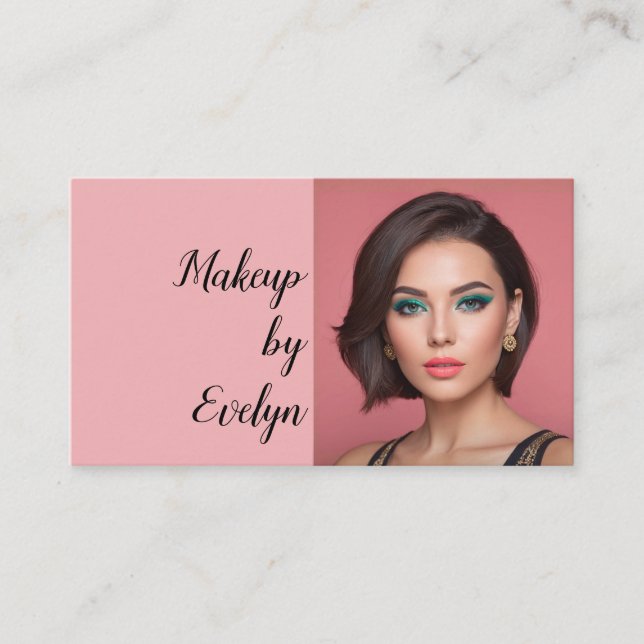 Blush Pink Script QR Code Photo Makeup Business Card (Front)