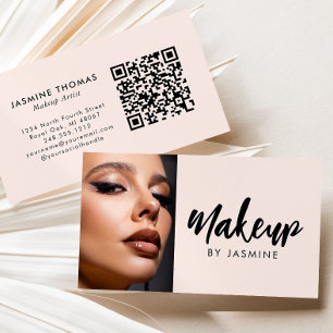 Blush Pink Script QR Code Photo Makeup Business Card