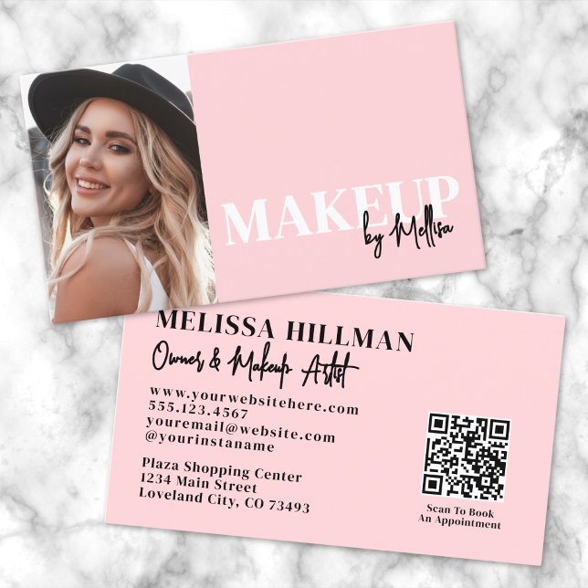 Blush Pink Script QR Code Photo Makeup Business Card (Blush Pink Script Logo Makeup Name Tag)