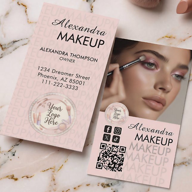 Blush Pink Script QR Code Photo Makeup Business Card (Creator Uploaded)