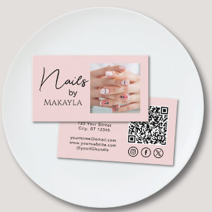 Blush Pink Script QR Code Photo Nail Salon Business Card