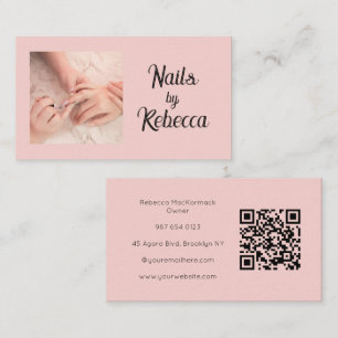 Blush Pink Script QR Code Photo Nail Technician Business Card
