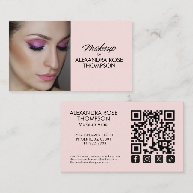 Blush Pink Script Qr Code Social Icon Makeup Business Card (Front/Back)
