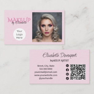 Blush Pink Script Social Icon QR Code Makeup Business Card