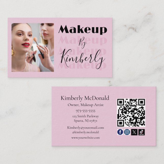 Blush Pink Script Social Icon QR Code Photo Business Card (Front/Back)