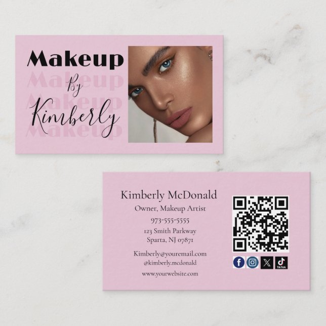 Blush Pink Script Social Icon QR Code Photo Business Card (Front/Back)