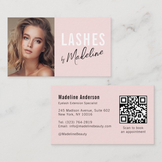 Blush Pink Script Social Icon QR Code Photo Lashes Business Card (Front/Back)