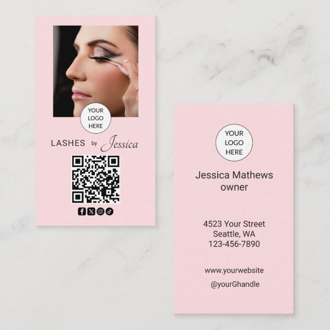 Blush Pink Script Social Icon QR Code Photo Lashes Business Card (Front/Back)
