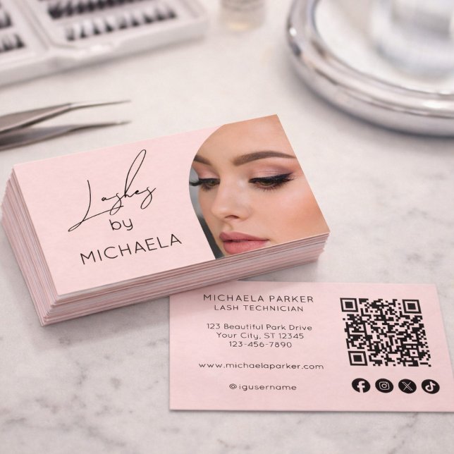 Blush Pink Script Social Icon QR Code Photo Lashes Business Card (Creator Uploaded)