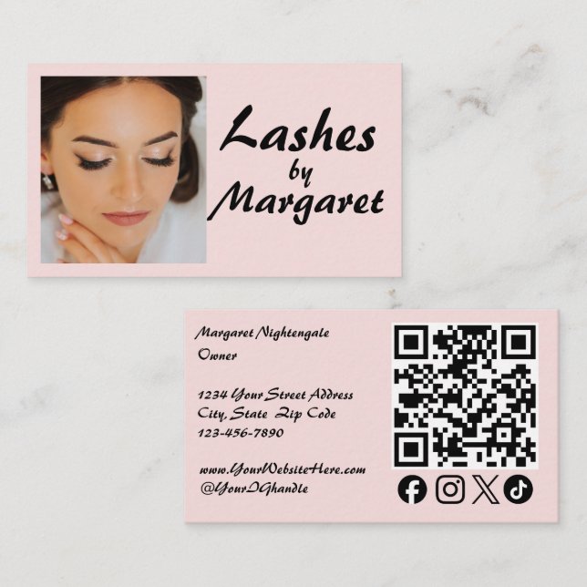 Blush Pink Script Social Icon QR Code Photo Lashes Business Card (Front/Back)