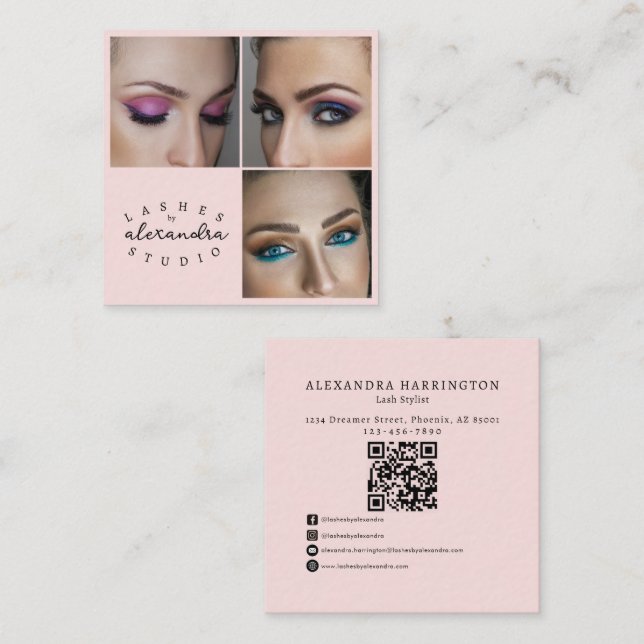 Blush Pink Script Social Icon QR Code Photo Lashes Square Business Card (Front/Back)