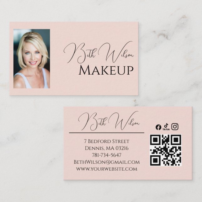 Blush Pink Script Social Icon QR Code Photo Makeup Business Card (Front/Back)