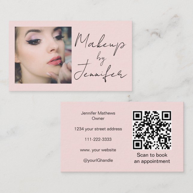 Blush Pink Script Social Icon QR Code Photo Makeup Business Card (Front/Back)