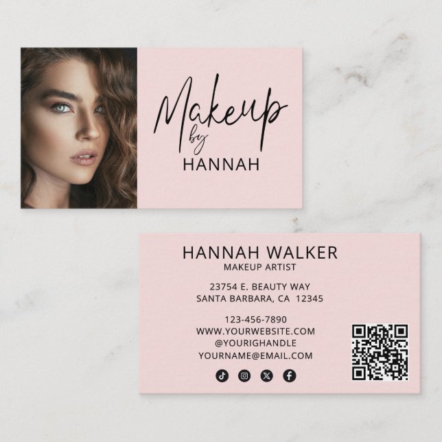Blush Pink Script Social Icon QR Code Photo Makeup Business Card (Front/Back)