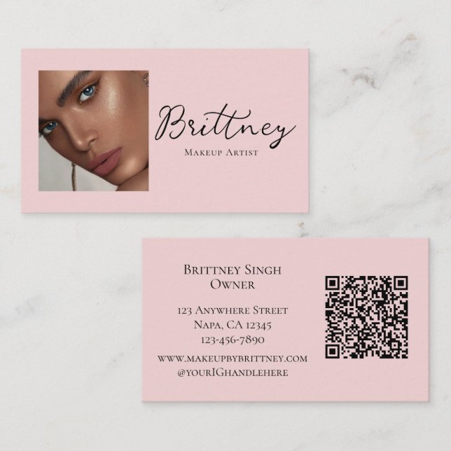 Blush Pink Script Social Icon QR Code Photo Makeup Business Card (Front/Back)