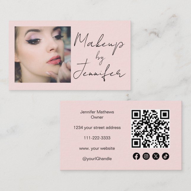 Blush Pink Script Social Icon QR Code Photo Makeup Business Card (Front/Back)