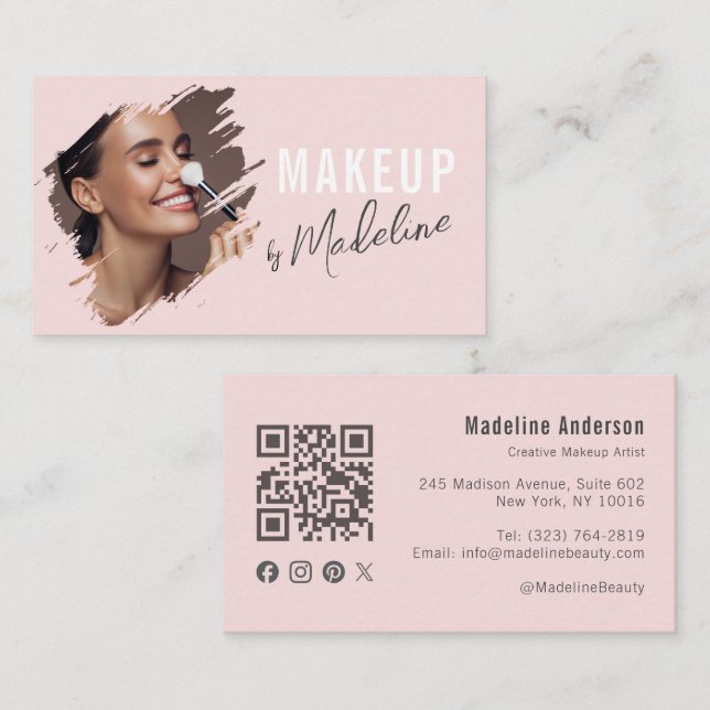 Blush Pink Script Social Icon QR Code Photo Makeup Business Card (Front/Back)