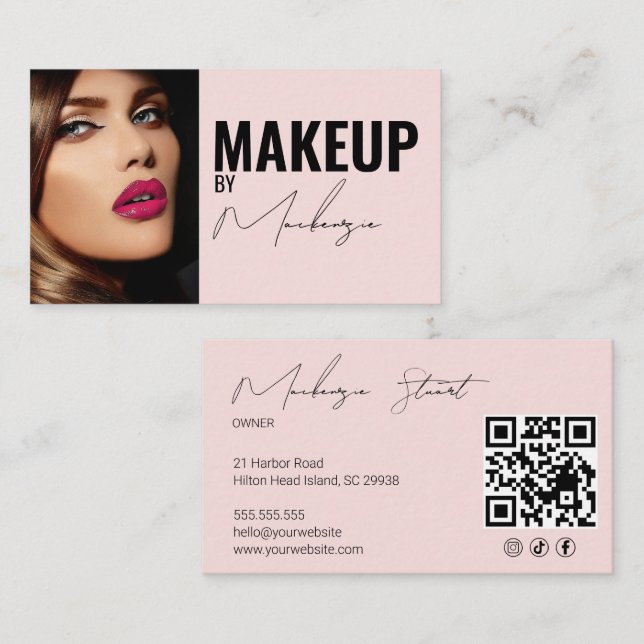 Blush Pink Script Social Icon QR Code Photo Makeup Business Card (Front/Back)